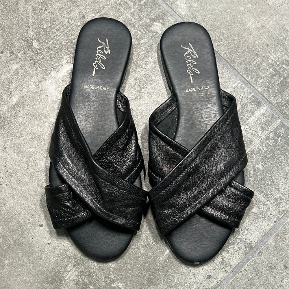 black vegan leather flat sandals